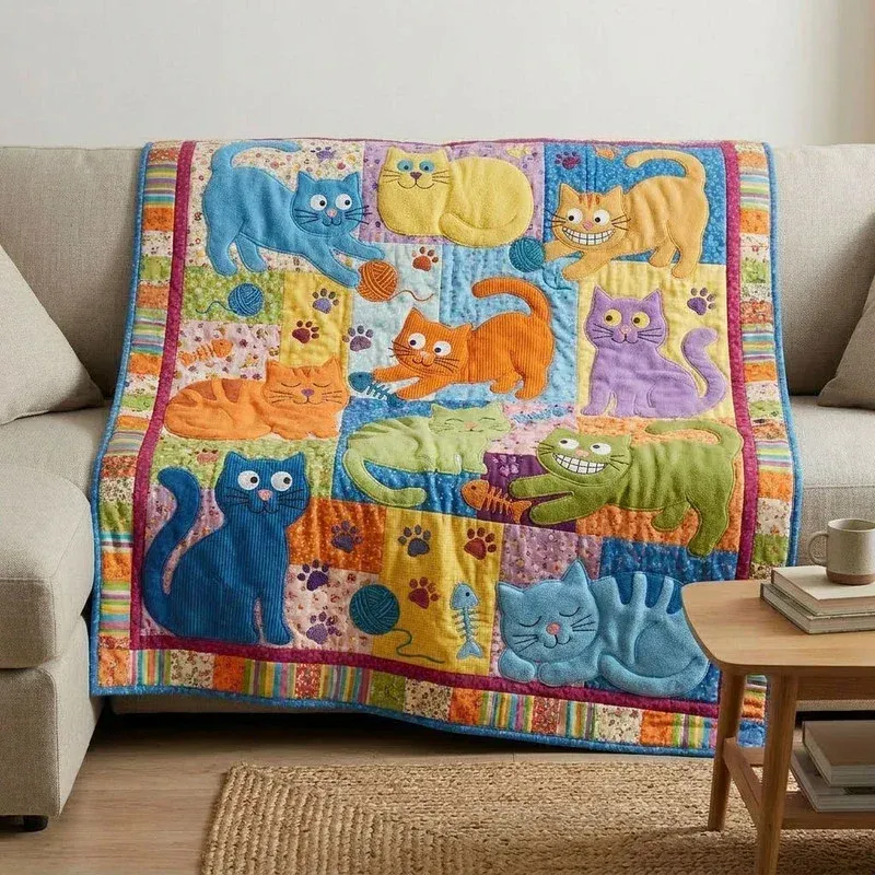 Bright Playful Whiskers Bamboo Quilt Blanket