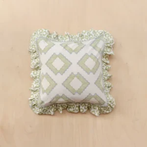 Cotton Cushion Cover in Green Diamond by TBCo with ruffled edge and reversible green diamond pattern portrait 1803x2560