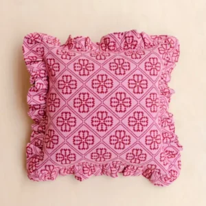 TBCo Cotton Cushion Cover in Pink Floral with ruffled edges and intricate red pattern on soft cotton fabric