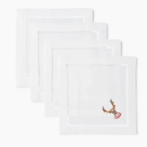 Henry Handwork white linen cocktail napkins with hemstitch border and embroidered reindeer motif, set of 4.