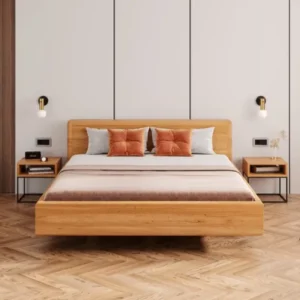 Designer Holzbett Arvelo aus massiver Eiche in Schwebeoptik und geraden Headboard