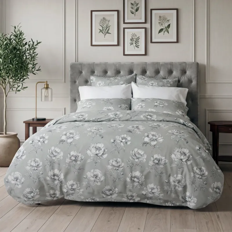 Camelia floral duvet cover and shams styled on a bed with grey tufted headboard – 100% long-staple cotton by Cuddle Down