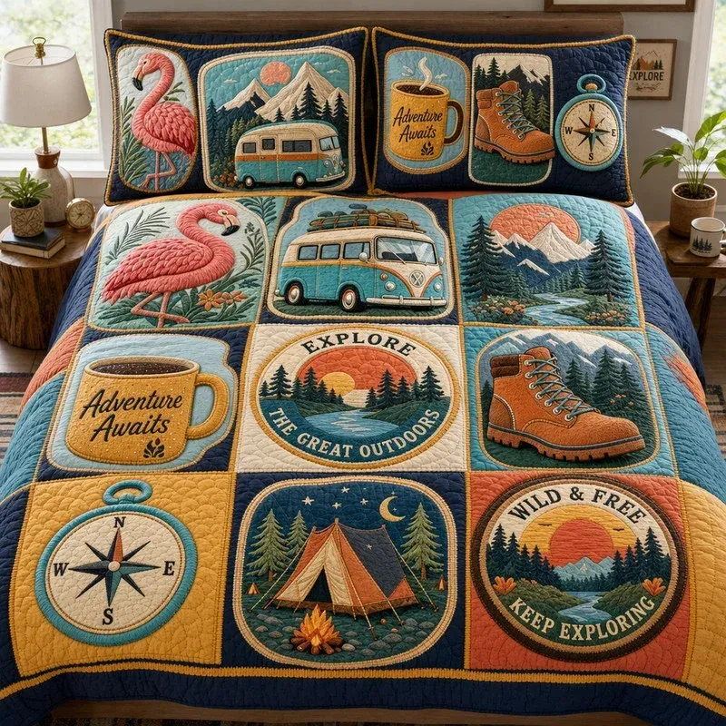 Camping Badges Bamboo Quilt Bedding Set