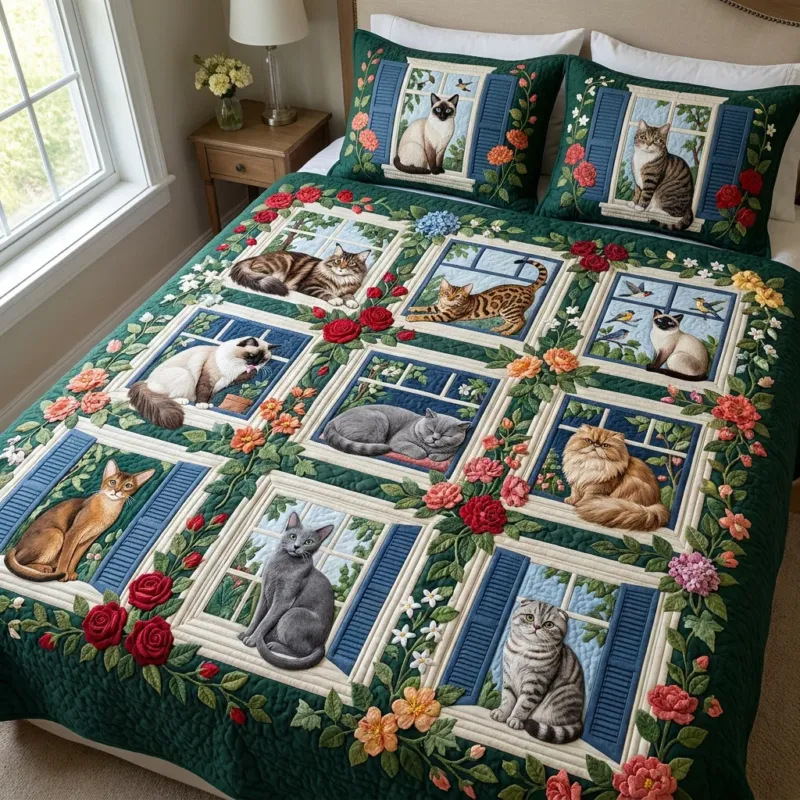 Cat Window Cute Bamboo Quilt Bedding Set