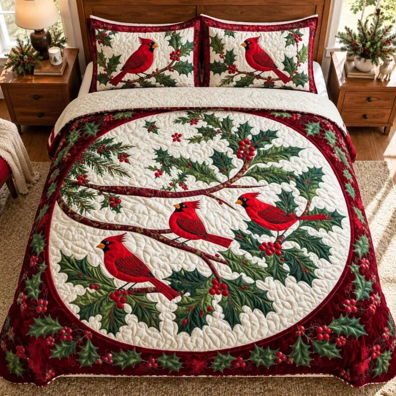 Christmas Cardinal Holly Garden Bamboo Quilt Bedding Set