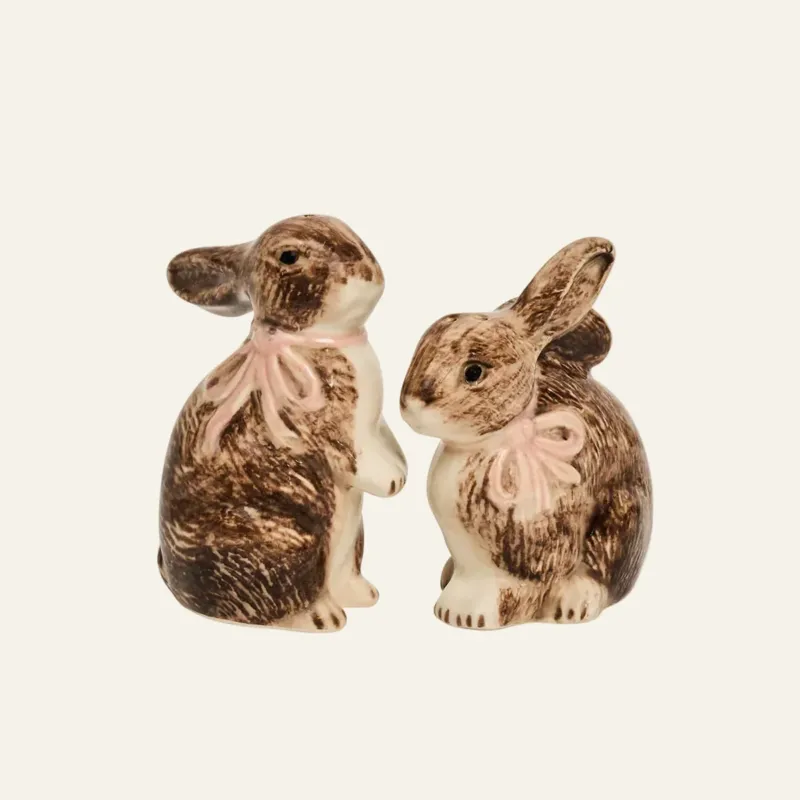 Juliska Clever Creatures ceramic bunny salt and pepper shakers with blush bows.