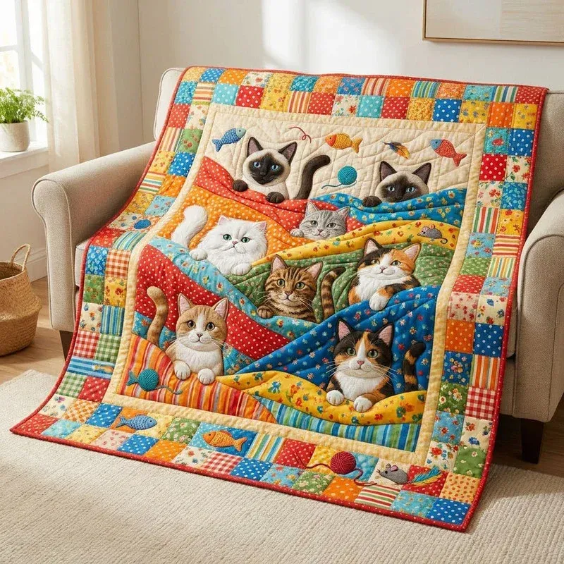 Colorful Yarn And Whiskers Bamboo Quilt Blanket