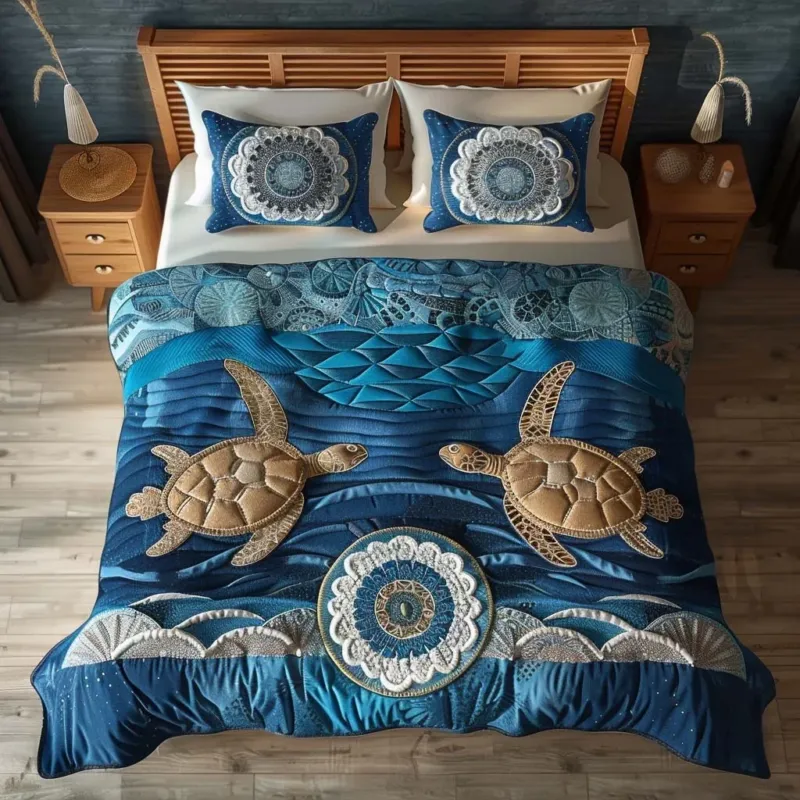 Coral Turtle Bamboo Quilt Bedding Set
