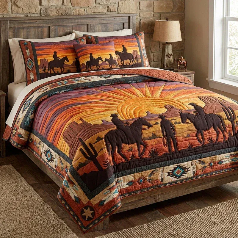 Cowboy Sunset Silhouette Bamboo Quilt Bedding Set