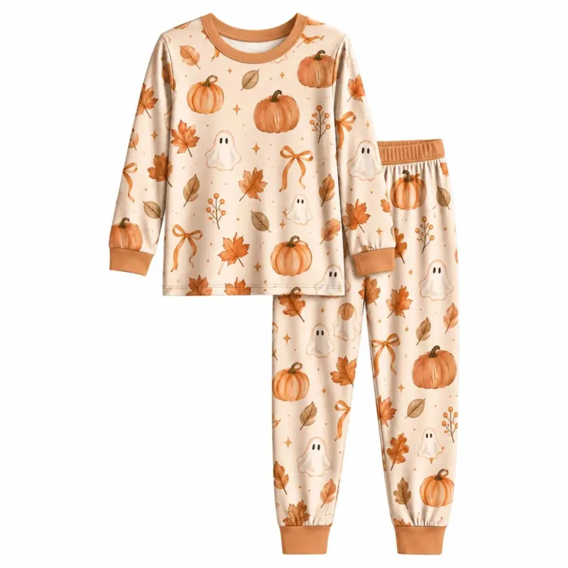 Cozy Autumn Ghosts and Pumpkins Bamboo Two Piece Long Sleeve Pajama Set – Bild 2