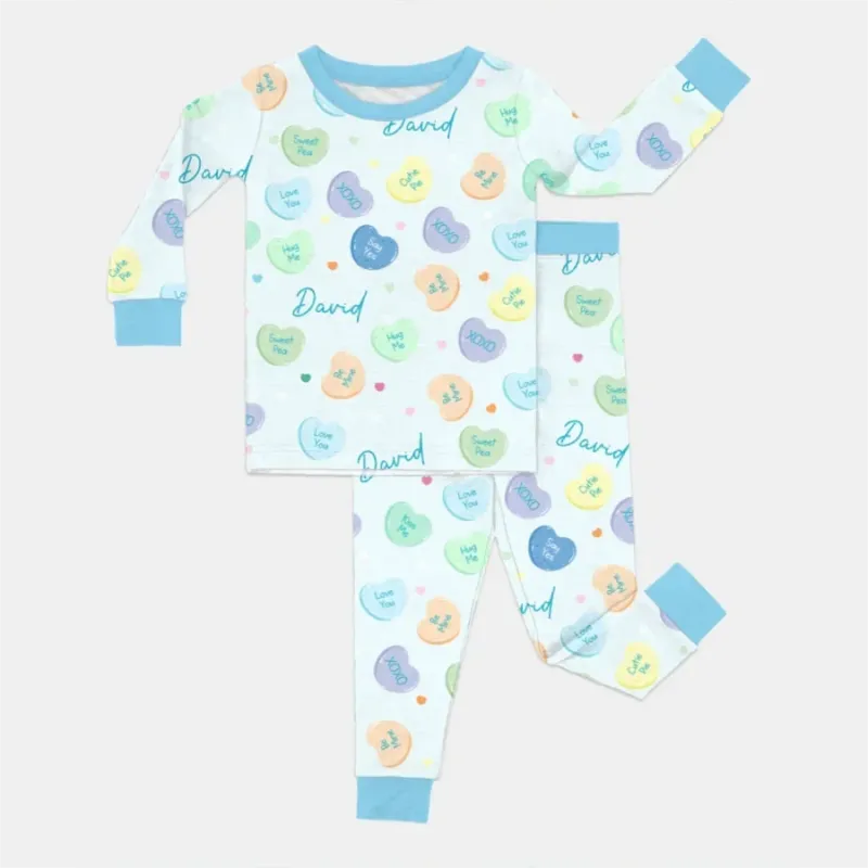 Custom Name Colorful Candy Hearts Family Matching Bamboo Two Piece Long Sleeve Pajama Set – Bild 2
