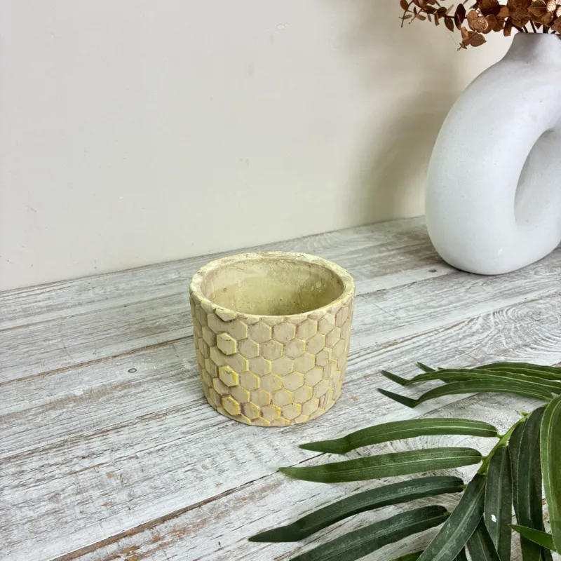 PTMD Keramik Übertopf 14cm Blumentopf Wabenmuster Gelb Creme Gebraucht