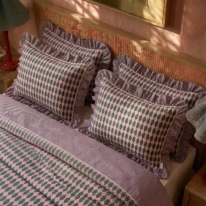 TBCo Cotton Duvet Cover & Pillowcases Set in Pink Harlequin with soft ruffles and a classic diamond pattern on cosy cotton fabric