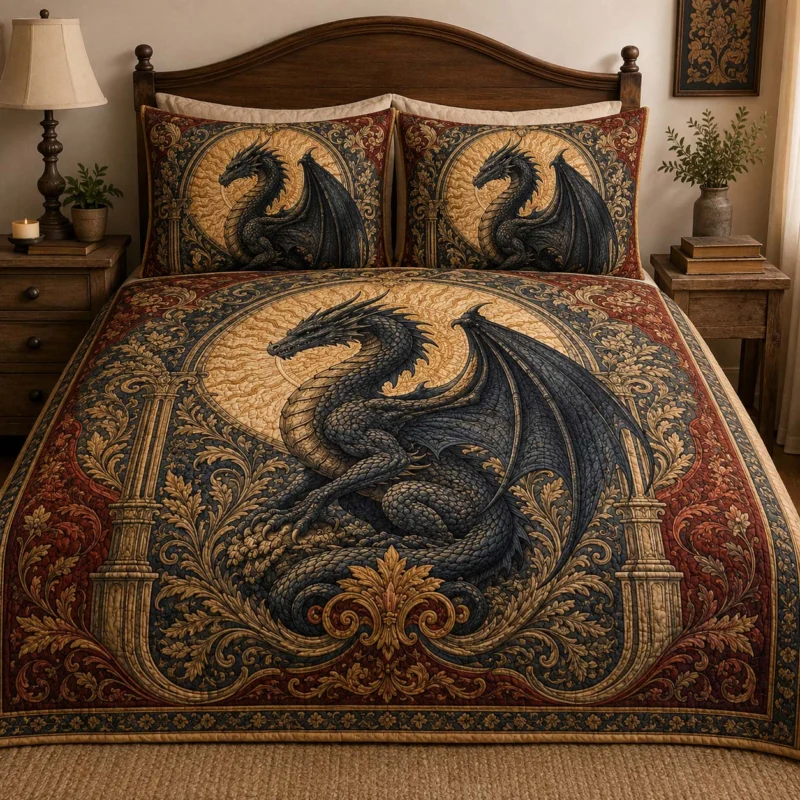 Dark Medieval Dragon Bamboo Quilt Bedding Set