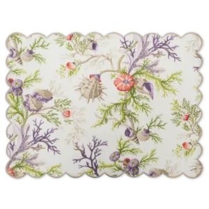 Matouk Del Tesoro linen placemat with coral and seashell print, scalloped edge.