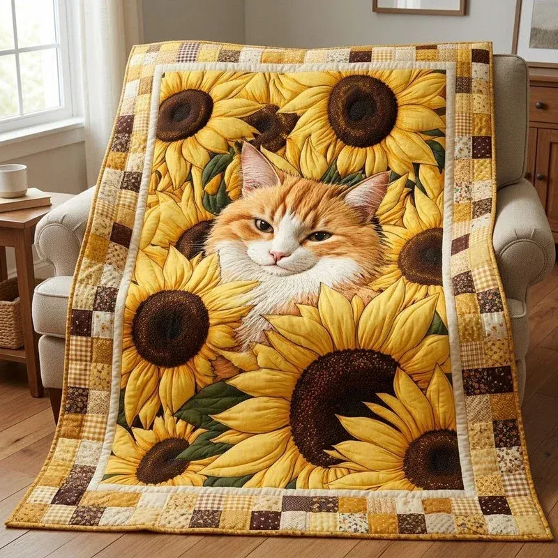 Elegant Sunflower Cat Bamboo Quilt Blanket