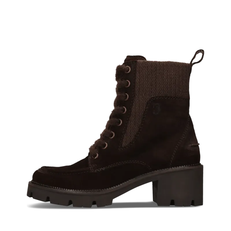 Dunkelbraune Schnürstiefel aus Leder mit Strickkragen