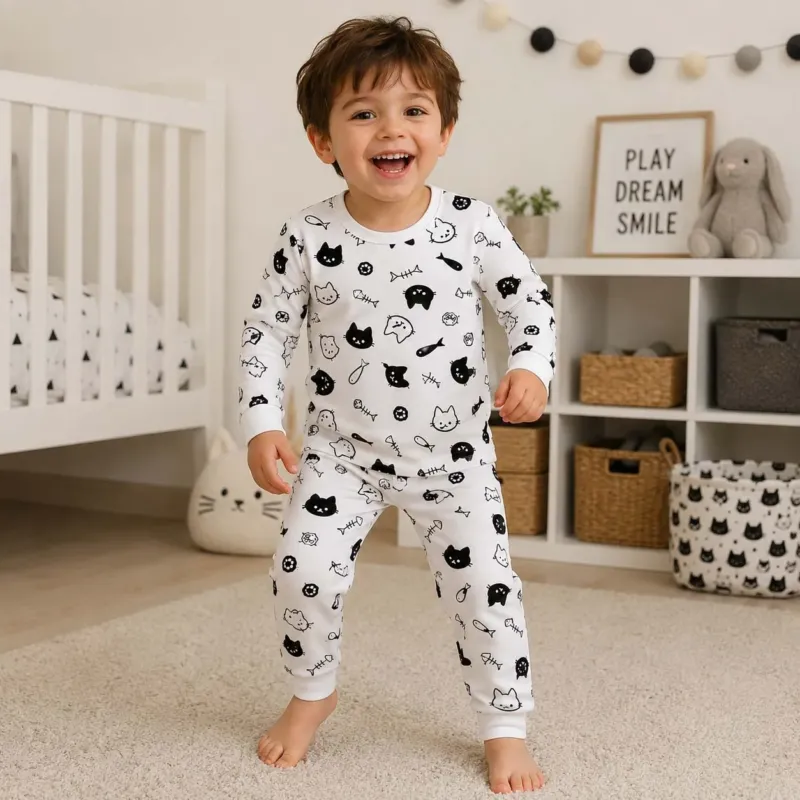 Fish Loving Cats Bamboo Two Piece Long Sleeve Pajama Set