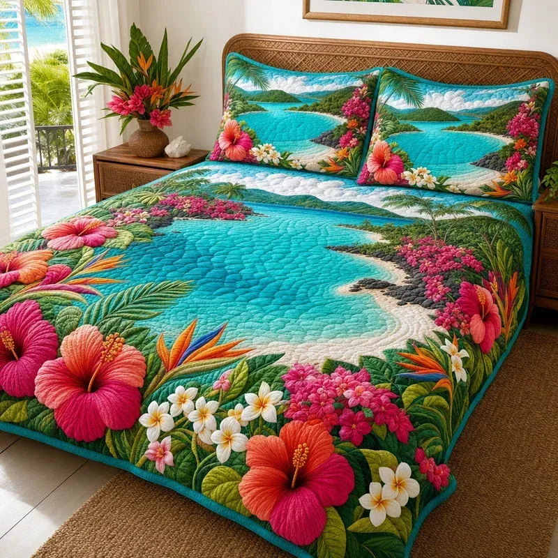 Floral Lagoon Coastal Bamboo Quilt Bedding Set