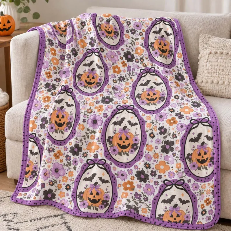 Floral Pumpkin Halloween Bamboo Blanket