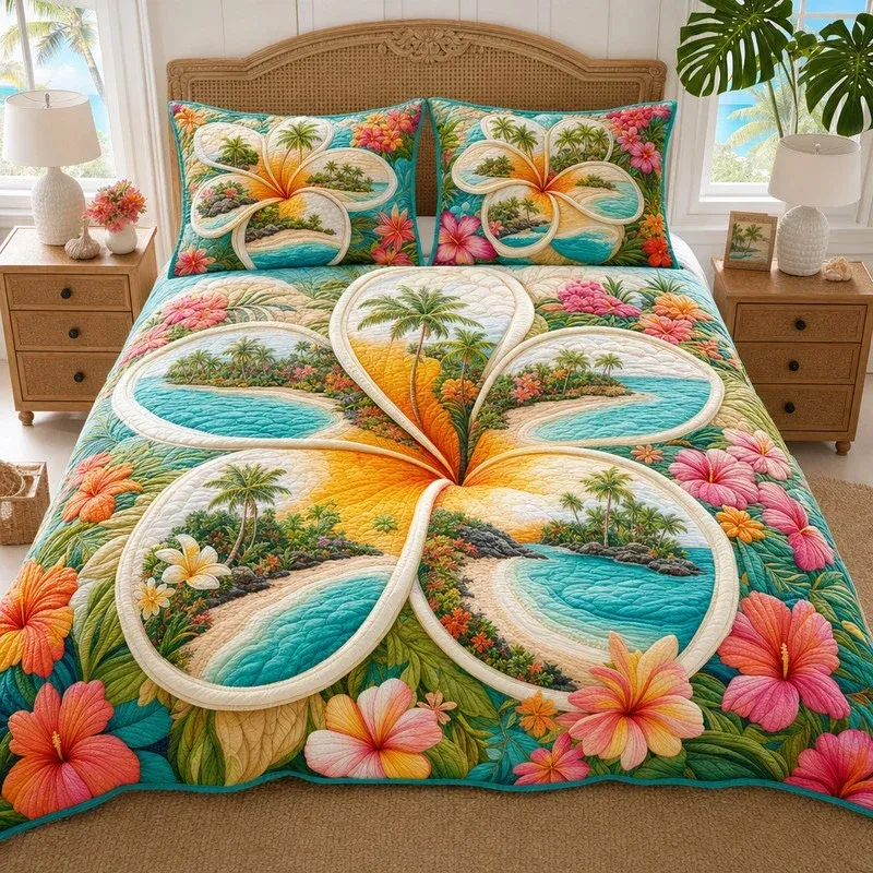 Frangipani Petal Coastal Bamboo Quilt Bedding Set
