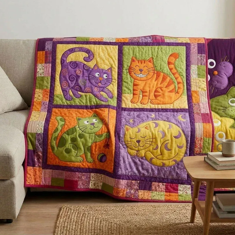 Funny Whimsical Cats Bamboo Quilt Blanket