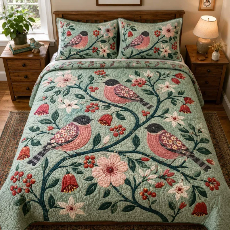 Garden Birds Bamboo Quilt Bedding Set