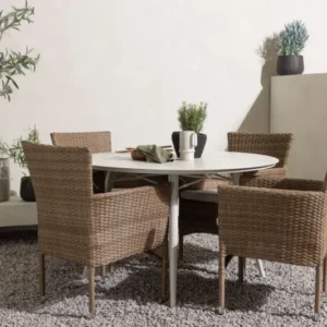 Garten Essgruppe Leon – 5-teiliges Gartenmöbel-Set mit weißem runden Tisch