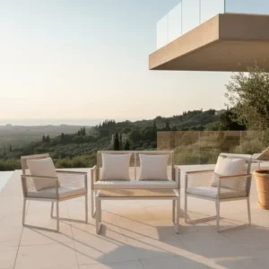 Garten Loungeset Janel – 4-teilig mit Holztisch in Beige