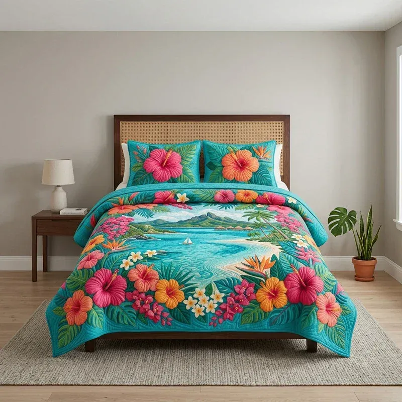 Hibiscus Flower Tropical Bamboo Quilt Bedding Set