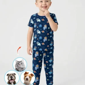 Astronaut Custom Pet Image Family Matching Bamboo Two Piece Short Sleeve Pajama Set