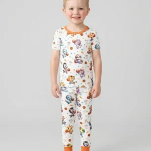 Cartoon Basketball Animals Bamboo Two Piece Short Sleeve Pajama Set