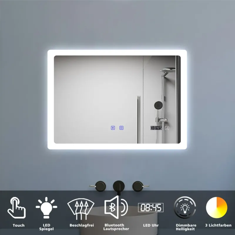 Badspiegel Badezimmerspigel Kalt/Neutral/Warmweiß Dimmbar Beschlagfrei, Bluetooth 70x50 cm