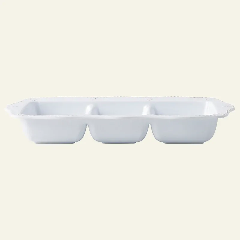 Juliska Berry & Thread Melamine triple section server in white with beaded rim detail.