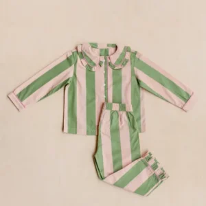TBCo Cotton Kids Pyjamas in Green Stripe set with Peter Pan collar and elasticated trousers on cream background