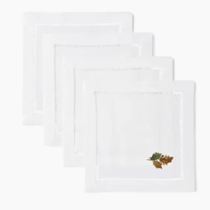 Henry Handwork white linen cocktail napkins with embroidered oak leaf motif, set of four.