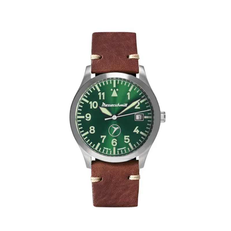 Herrenuhr mit grünem Zifferblatt, braunem Lederband und silbernem Gehäuse