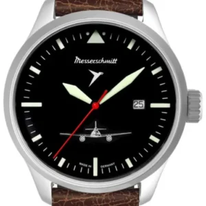 Herrenarmbanduhr Messerschmitt mit schwarzem Zifferblatt und braunem Lederband
