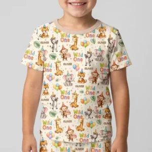 Custom Name 1st Birthday Wild One Bamboo Two Piece Short Sleeve Shorts Pajama Set