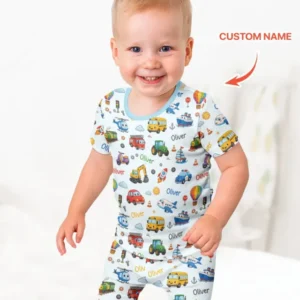 Custom Name Cute Transport Bamboo Two Piece Short Sleeve Shorts Pajama Set