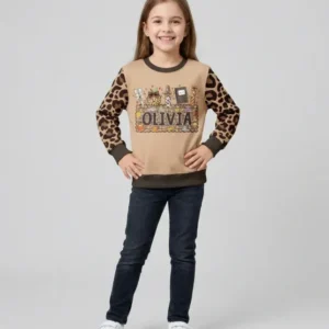 Custom Name School Sweetheart Leopard Bamboo Crewneck Sweatshirt