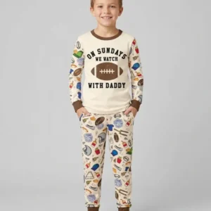 On Sundays We Watch Football With Daddy Family Matching Bamboo Two Piece Long Sleeve Pajama Set