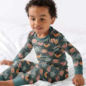 Folk Floral Black Cat Tea Party Bamboo Two Piece Long Sleeve Pajama Set