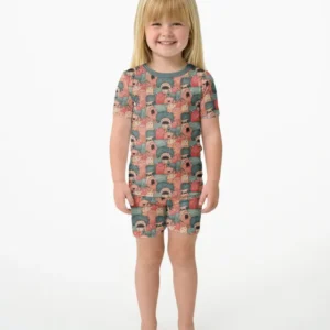 Cute Monster Crowd Bamboo Two Piece Short Sleeve Shorts Pajama Set