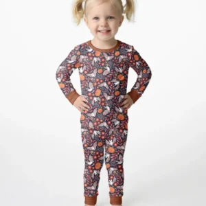Bat Pumpkin Floral Halloween Bamboo Two Piece Long Sleeve Pajama Set