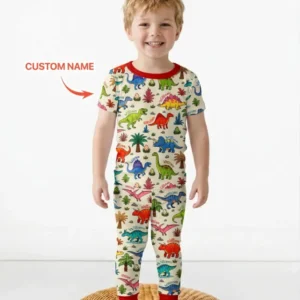 Dino Field Guide Custom Name Bamboo Two Piece Short Sleeve Pajama Set