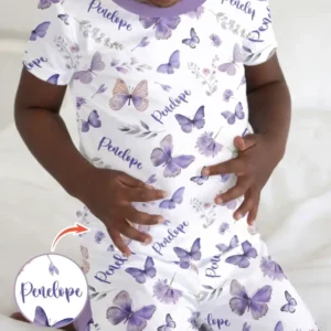 Custom Name Lilac Bloom Bamboo Two Piece Short Sleeve Pajama Set