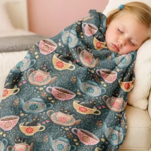 Folk Floral Black Cat Tea Party Bamboo Blanket