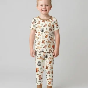 Custom Quote Woodland Animal Matching Sibling Bamboo Two Piece Short Sleeve Pajama Set