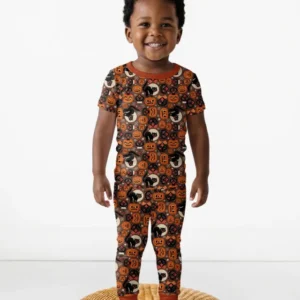 Vintage Halloween Black Cat Pumpkin Bamboo Two Piece Short Sleeve Pajama Set